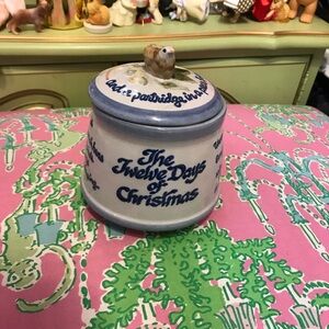 Louisville Stoneware Twelve Days of Christmas Ceramic Jar with Lid Blue & Cream
